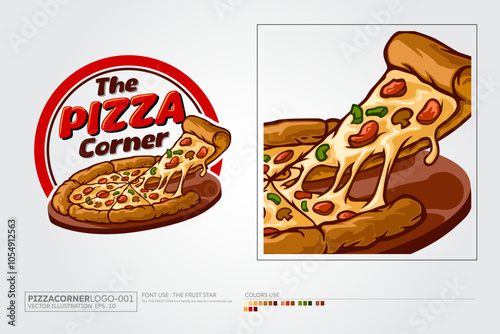 Italian Pizza Logo template with realistic pizza vector illustration is highly suitable for any pizza related restaurant, fast food, delivery, bistro, catering and Italian food related businesses.