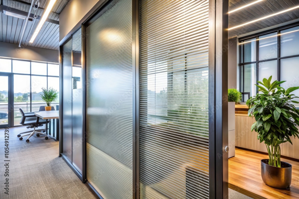 Obraz premium Office Aluminum Sliding Window with Decorative Frosted Glass Film for Privacy - Modern Interior Design Elements, Close-up Details of Thick Frosted Film on Door, Stylish and Functional Features