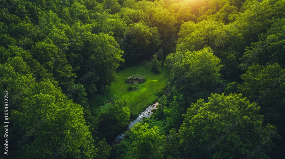 A lush green forest with a small house in the middle