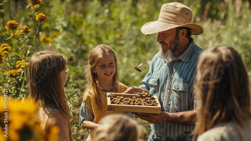 A beekeeper explaining the importance of bees in agriculture to a group of visitors at an open farm day. photo