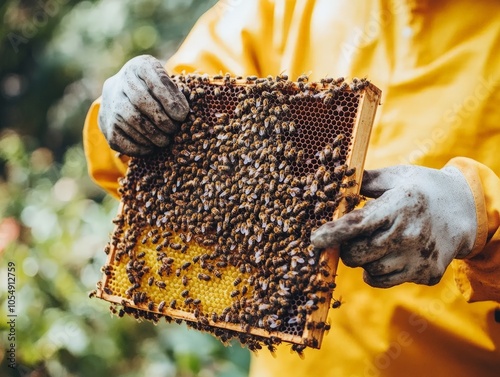 A beekeeper gently holding a frame covered in bees, carefully inspecting the health of the hive. photo