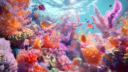 Vibrant Bioengineered Coral Reef Teeming with Diverse Marine Life in Serene Underwater Landscape photo