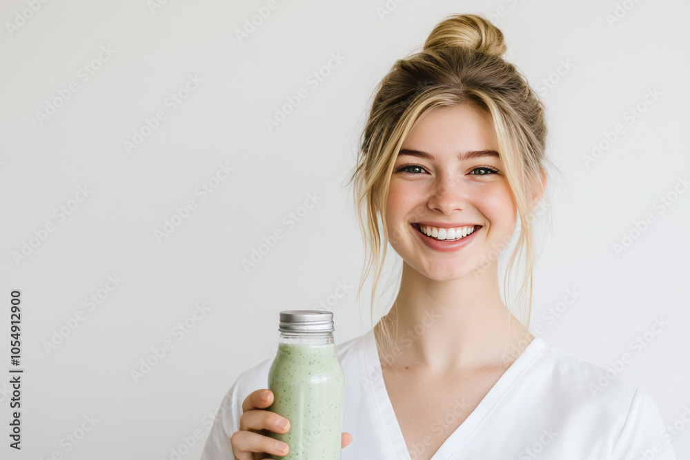 Portrait of a smiling young woman holding a green smoothie bottle with a copy space background. The woman has a natural, healthy appearance, embodying wellness and nutrition Portrait of a smiling young woman holding a green smoothie bottle with a copy space background. The woman has a natural, healthy appearance, embodying wellness and nutrition