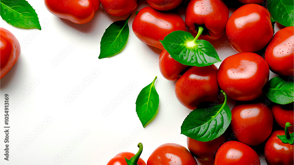 fresh Cherry tomato on white background with copyspace. Red, tomatoes, basil leaves fresh Cherry tomato on white background with copyspace. Red, tomatoes, basil leaves