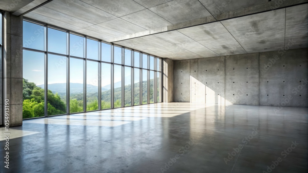 Panoramic View of an Empty Concrete Room with Minimalist Design, Industrial Aesthetic, Natural Light, Textured Walls, Open Space, Modern Architecture, and Architectural Photography Panoramic View of an Empty Concrete Room with Minimalist Design, Industrial Aesthetic, Natural Light, Textured Walls, Open Space, Modern Architecture, and Architectural Photography
