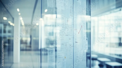 Blurred Modern Office Interior With Glass Wall and Whiteboard with Hand Drawn Diagrams and Notes