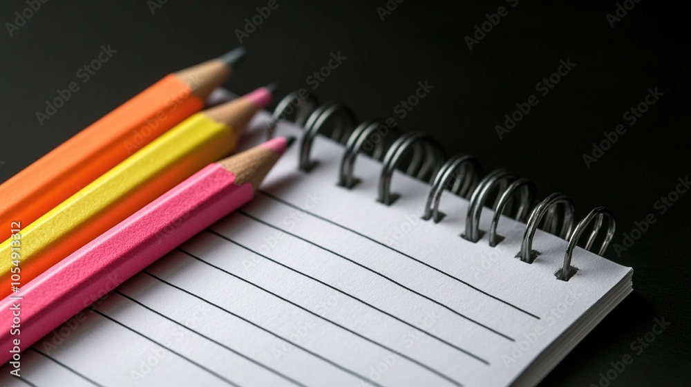 Colored Pencils on a Spiral Notebook with Black Background Colored Pencils on a Spiral Notebook with Black Background