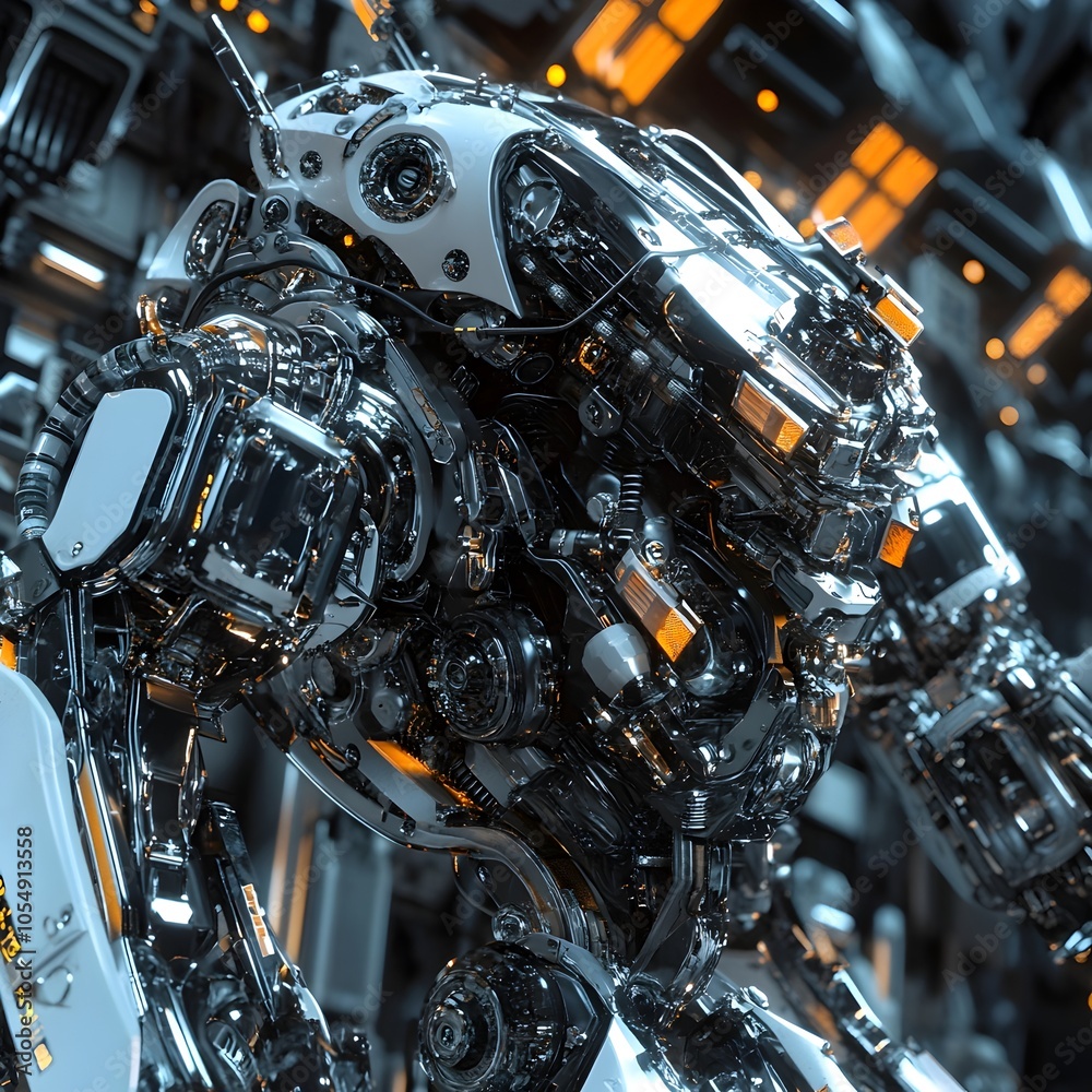 Fototapeta premium Modular Transforming Robots with Advanced Adaptive Algorithms and Sleek Futuristic Designs for Complex Tasks