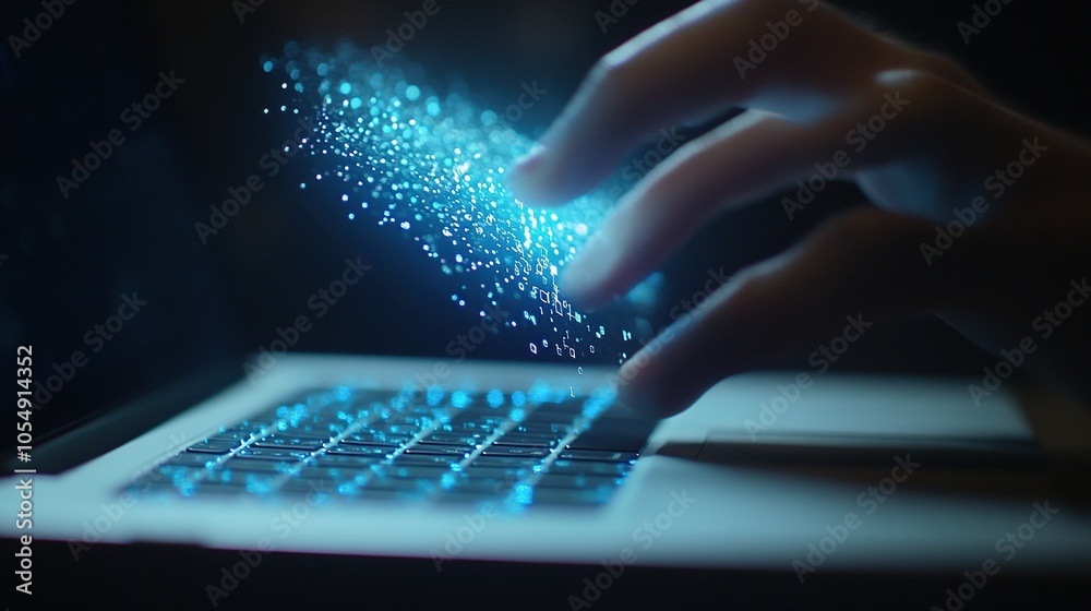 Hands Typing on Laptop with Blue Digital Data Flowing Out Hands Typing on Laptop with Blue Digital Data Flowing Out