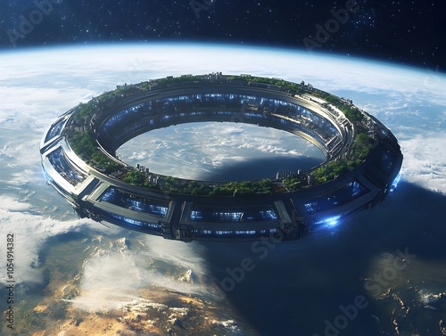 Colossal Rotating Ring Shaped Space Colony Above Earth s Horizon photo