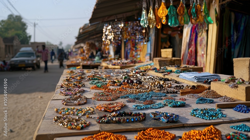 Obraz premium Colorful Jewelry Display at Vibrant Market Stall