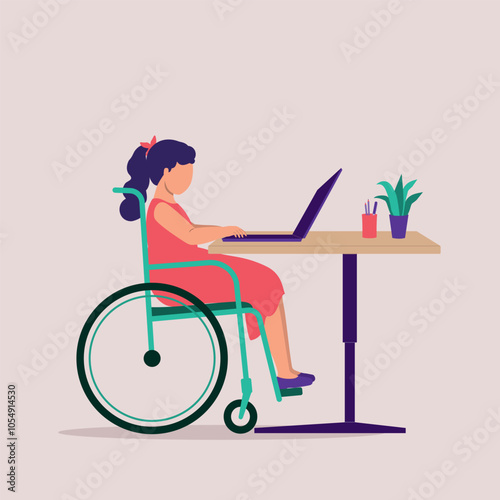 Side View Of One Disabled Little Girl In Wheelchair Using A Laptop At The Desk.