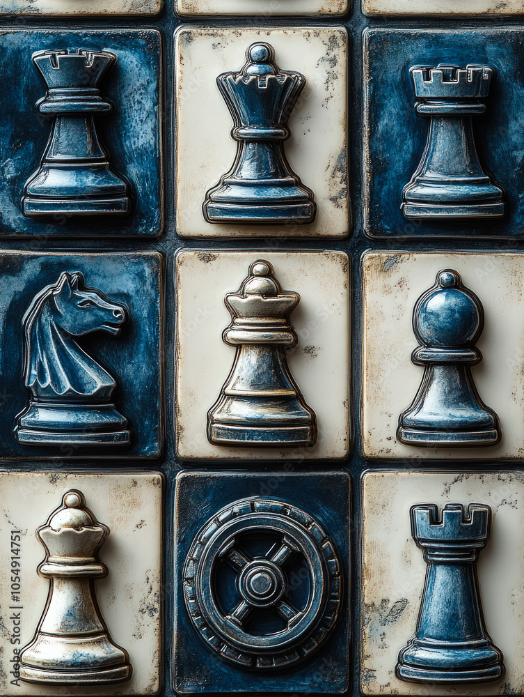 Fototapeta premium Vintage Chess Pieces on Decorative Tile Background