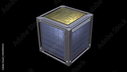 Cubesat, nanosatellite. Shiny metal box with solar panels. 
3d render illustration.