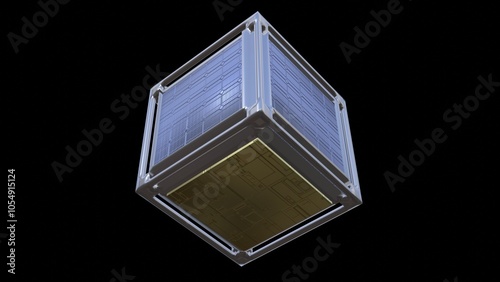 Cubesat, nanosatellite. Shiny metal box with solar panels. 
3d render illustration.