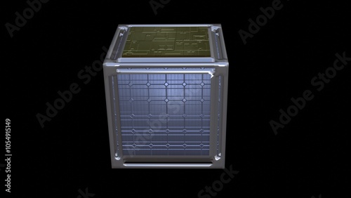 Cubesat, nanosatellite. Shiny metal box with solar panels. 
3d render illustration. photo