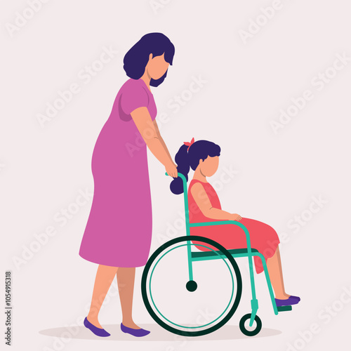 Side View Of Young Mother Pushing Her Disabled Little Daughter In Wheelchair.