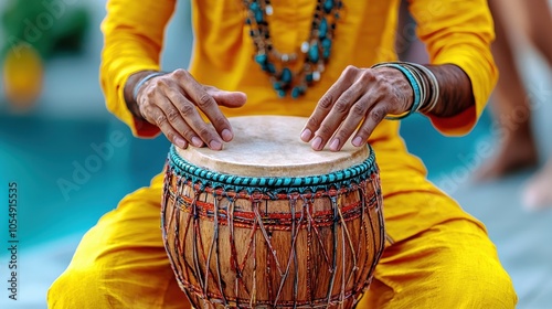 Vibrant Drummer Playing Traditional Hand Drum