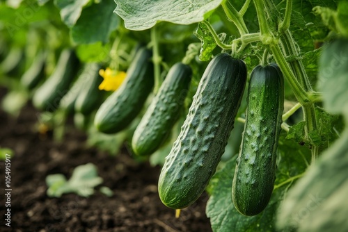 A close-up of organic cucumbers growing on the vine, free from pesticides and thriving in rich soil.