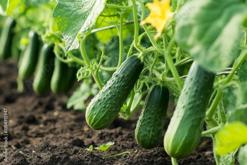 A close-up of organic cucumbers growing on the vine, free from pesticides and thriving in rich soil. photo