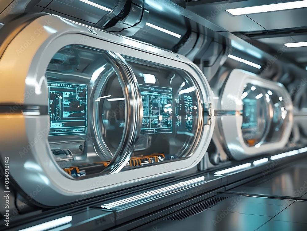 Obraz premium Cryogenic Hibernation Pods for Deep Space with Advanced Holographic Interfaces and Retrofuturistic Design