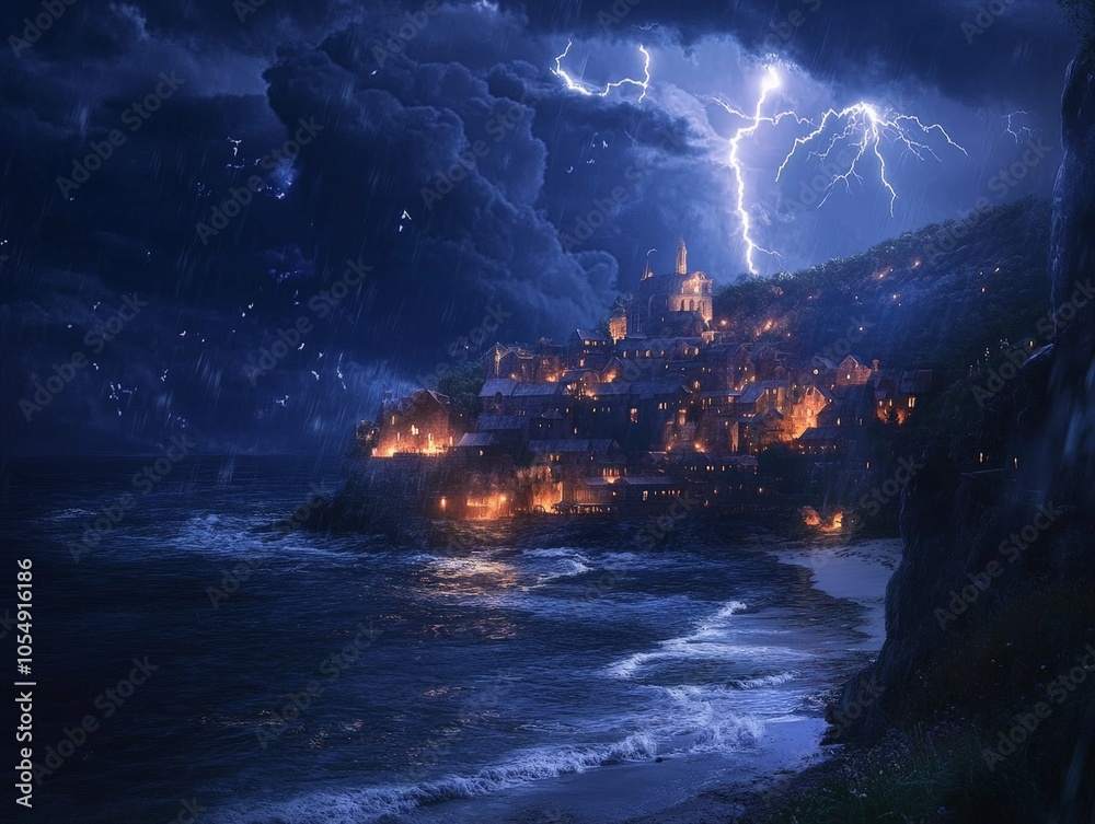 Fototapeta premium A coastal town illuminated by lightning bolts during a nighttime storm, with the ocean in the background.