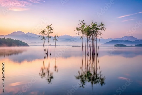 Serene Bamboo Reflections at Dusk: Minimalistic Drone Photography of Calm Waters and Misty Mountains