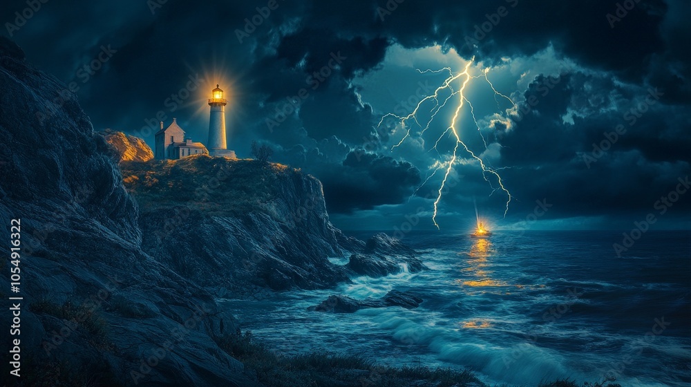 A coastline at night with a lighthouse guiding ships through a lightning storm, with bolts striking the ocean. A coastline at night with a lighthouse guiding ships through a lightning storm, with bolts striking the ocean.