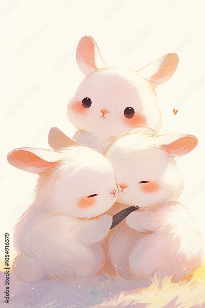 Cute Cartoon Bunnies Hugging in a Field of Flowers Cute Cartoon Bunnies Hugging in a Field of Flowers
