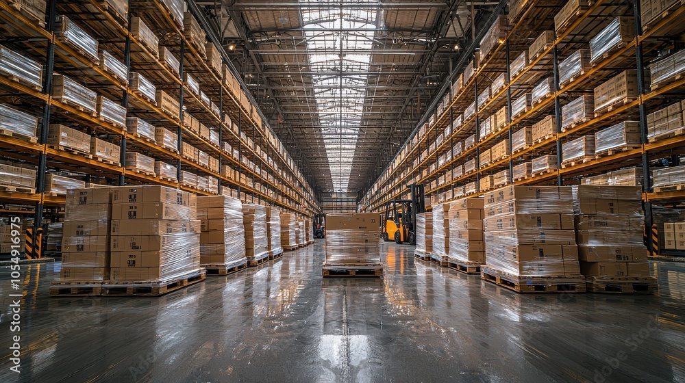 Wide view of a large warehouse filled with stacked boxes on pallets during daytime operations Wide view of a large warehouse filled with stacked boxes on pallets during daytime operations