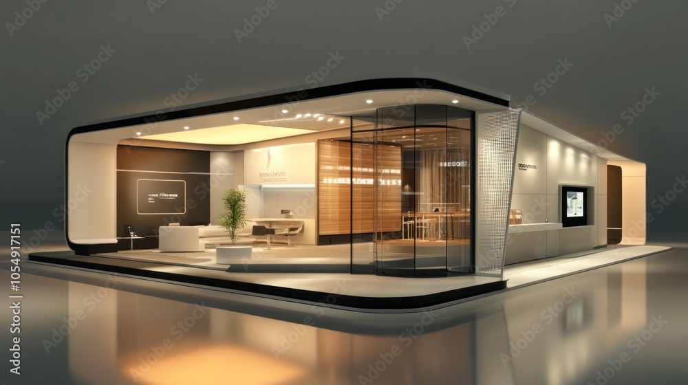 3D render of a contemporary exhibition booth with modular sections, interactive features, and a sleek, polished look for a cutting-edge trade show event. 3D render of a contemporary exhibition booth with modular sections, interactive features, and a sleek, polished look for a cutting-edge trade show event.
