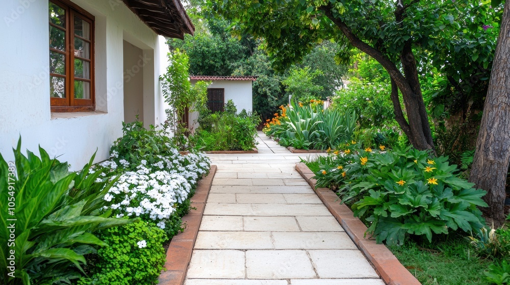 Tranquil Garden Pathway Surrounded by Lush Greenery Tranquil Garden Pathway Surrounded by Lush Greenery