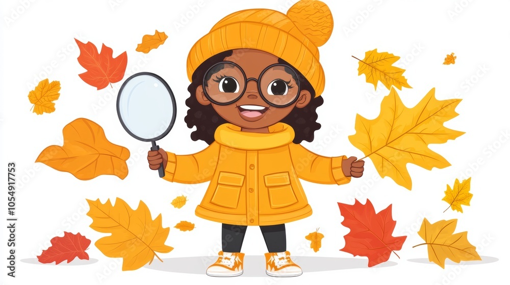 Happy African American Girl Holding Autumn Leaves and Magnifying Glass Happy African American Girl Holding Autumn Leaves and Magnifying Glass