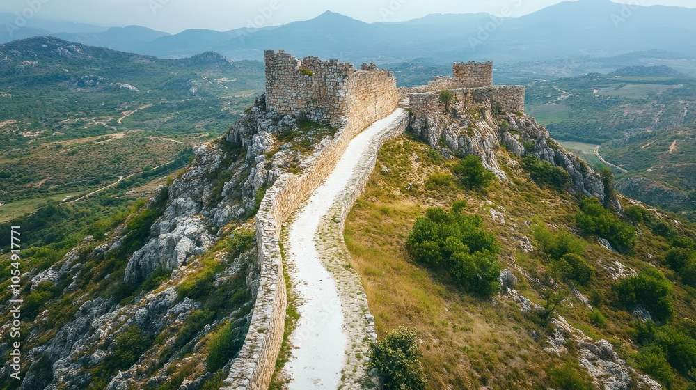 Fototapeta premium Hilltop fortress with a winding white pathway, distant view
