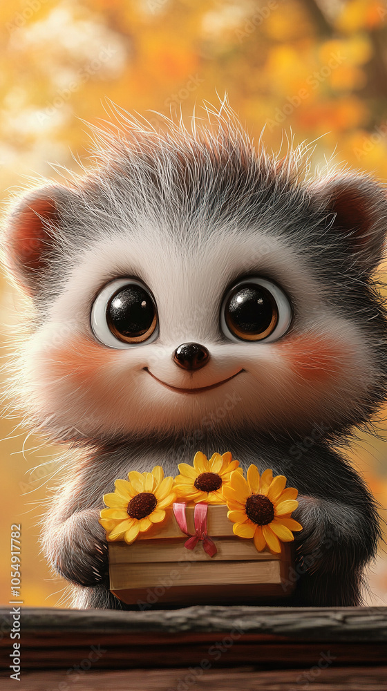 Cute Hedgehog with Sunflowers Holding a Gift Box Cute Hedgehog with Sunflowers Holding a Gift Box