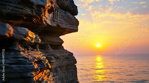 Serene Sunset Over Ocean with Rocky Shoreline