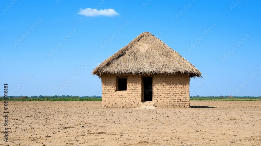 Simple mud house with thatched roof against blue sky Simple mud house with thatched roof against blue sky