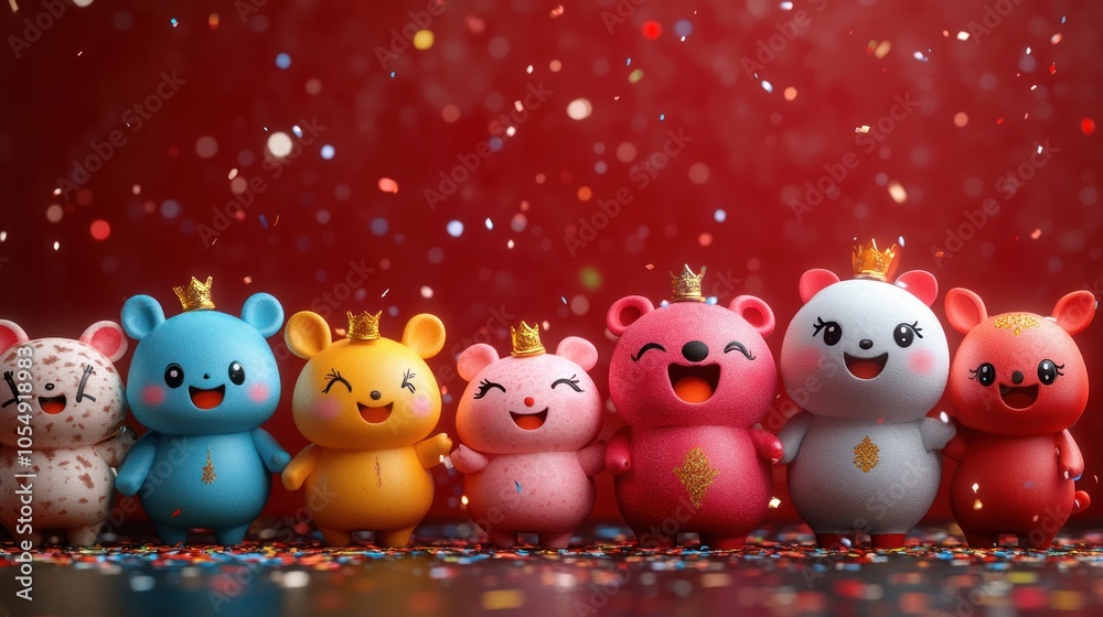 A Row of Cheerful Cartoon Animals Wearing Crowns A Row of Cheerful Cartoon Animals Wearing Crowns