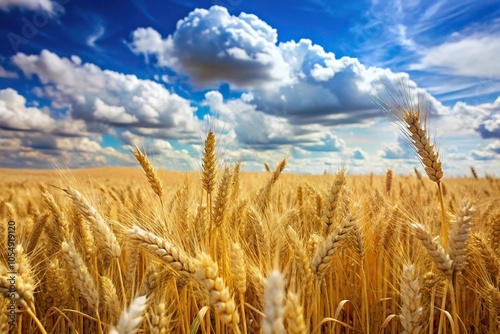 Wheat field against blue sky and clouds with shallow depth of field