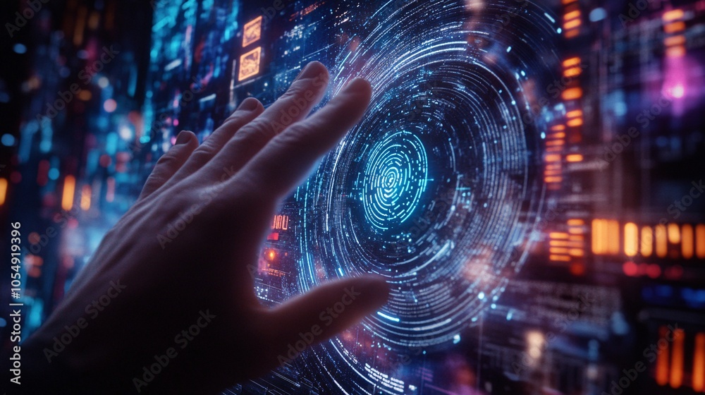 Hand Interacting with Biometric Technology Display Hand Interacting with Biometric Technology Display