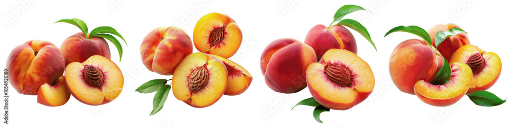 Fresh peaches with green leaves arranged on a white isolated background. Fresh peaches with green leaves arranged on a white isolated background.