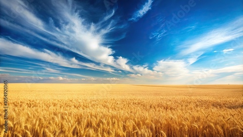 wheat field with ripe wheat under bright blue sky