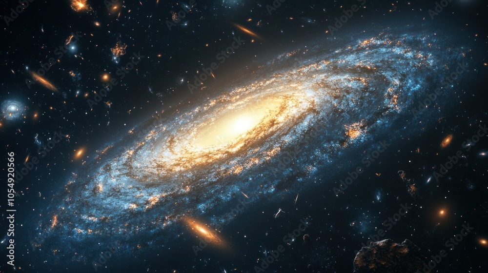 Fototapeta premium A distant galaxy floating in the vastness of space, glowing with celestial light and cosmic energy.