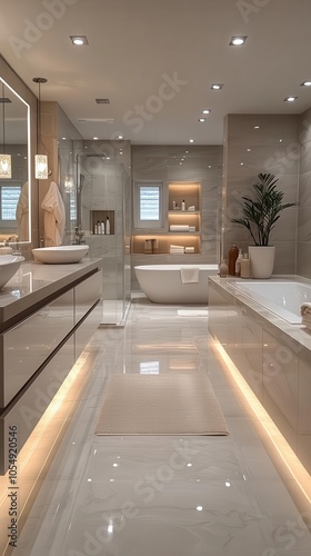 sleek grey marble bathroom featuring led lighting a double vanity and a freestanding tub creating a spalike atmosphere that radiates modern sophistication and tranquility in a luxurious setting