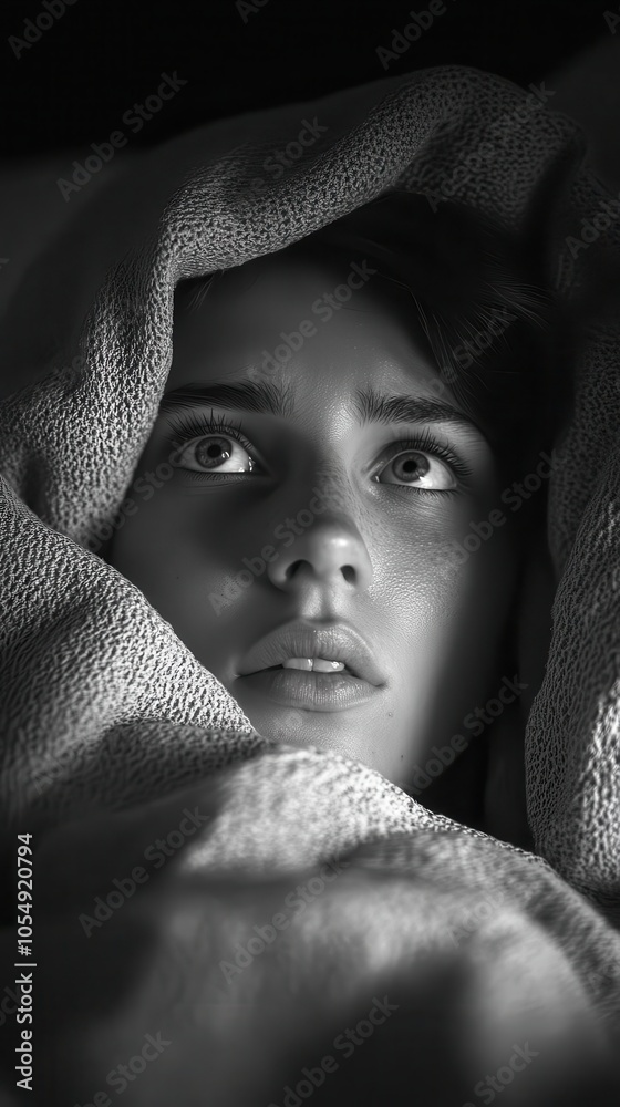 sleepless woman lying in bed eyes wide open in the darkness the room is shadowy portraying her struggle with anxiety and insomnia a poignant representation of inner turmoil sleepless woman lying in bed eyes wide open in the darkness the room is shadowy portraying her struggle with anxiety and insomnia a poignant representation of inner turmoil