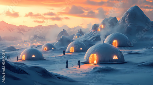Traditional inuit village with igloos, surviving and thriving in extreme conditions. Inuit Ice Village. Illustration