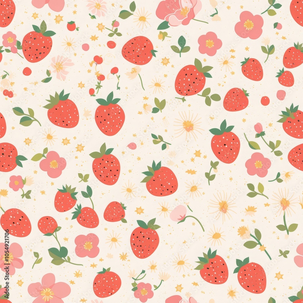 Seamless Pattern with Strawberries  Flowers and Gold Stars