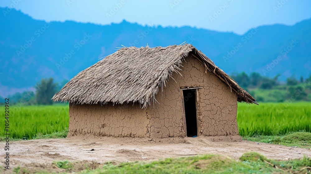 Rustic Mud House Surrounded by Green Fields Rustic Mud House Surrounded by Green Fields