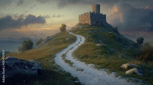 Medieval hill fortress with a white gravel road at dusk