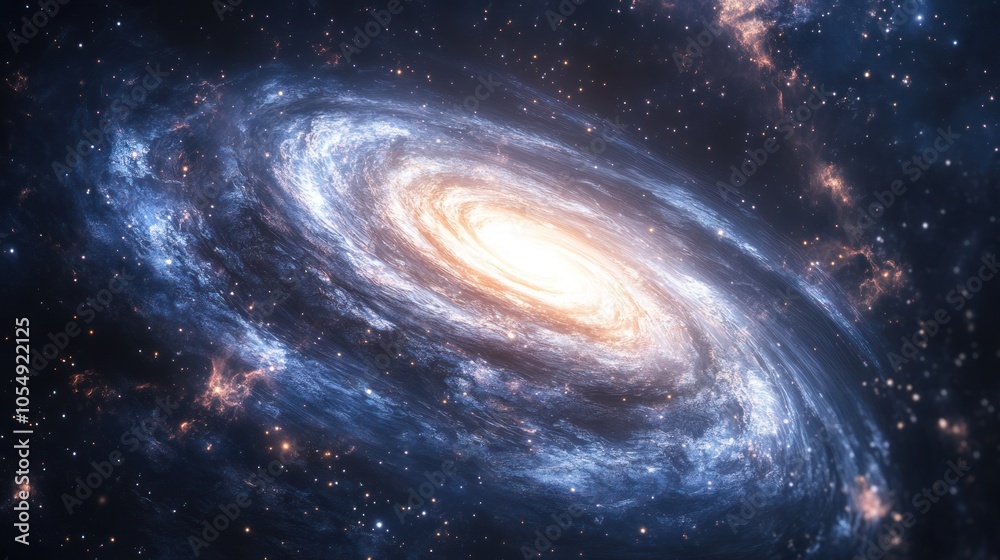 Barred spiral galaxy, its glowing arms curving out from a central bar of stars and gas. Barred spiral galaxy, its glowing arms curving out from a central bar of stars and gas.